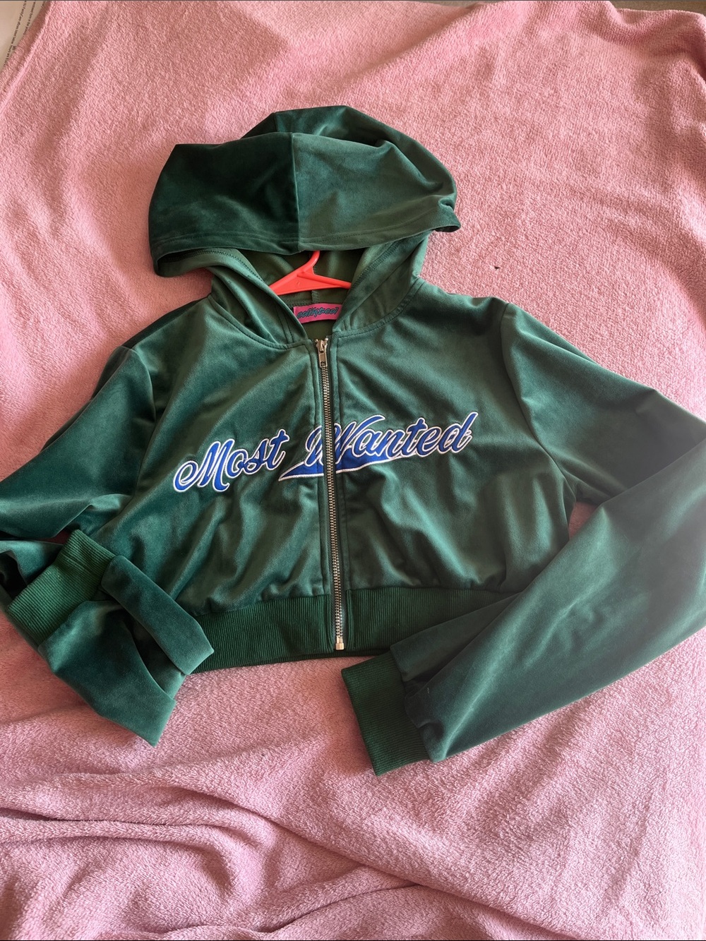 Edikted Dark Green Hooded Zip Jacket with Blue Script